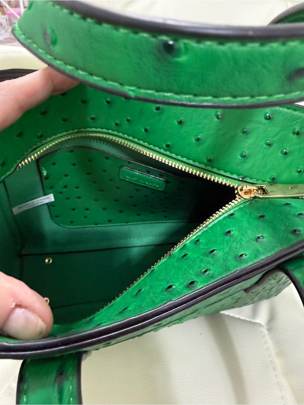 Structured Green Faux-Ostrich Satchel 2 way with bonus wallet brand new - Picture 9 of 12